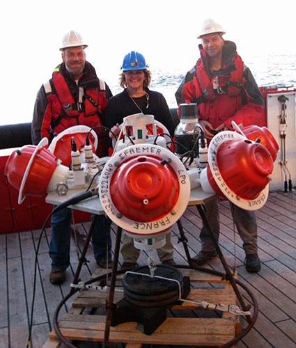 Gathering data: UCT's Assoc Prof Dr Isabelle Ansorge, with chief scientist Marcel van den Berg, and French technician Michel Hamon on board the SA Agulhas in 2013, about to deploy a Current Pressure Inverted Echo-Sounder into the South Atlantic. Moor