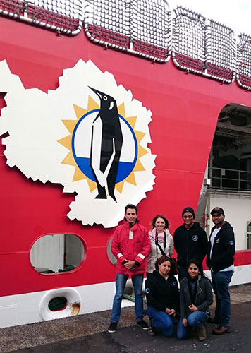 Home from home: The MSc oceanography class of 2015 gets acquainted with the polar vessel, the SA Agulhas II, their home in the wintry Southern Ocean over the next four weeks. In picture are (back from left), Marc de Vos, Katherine Moffett (CPUT), Tha