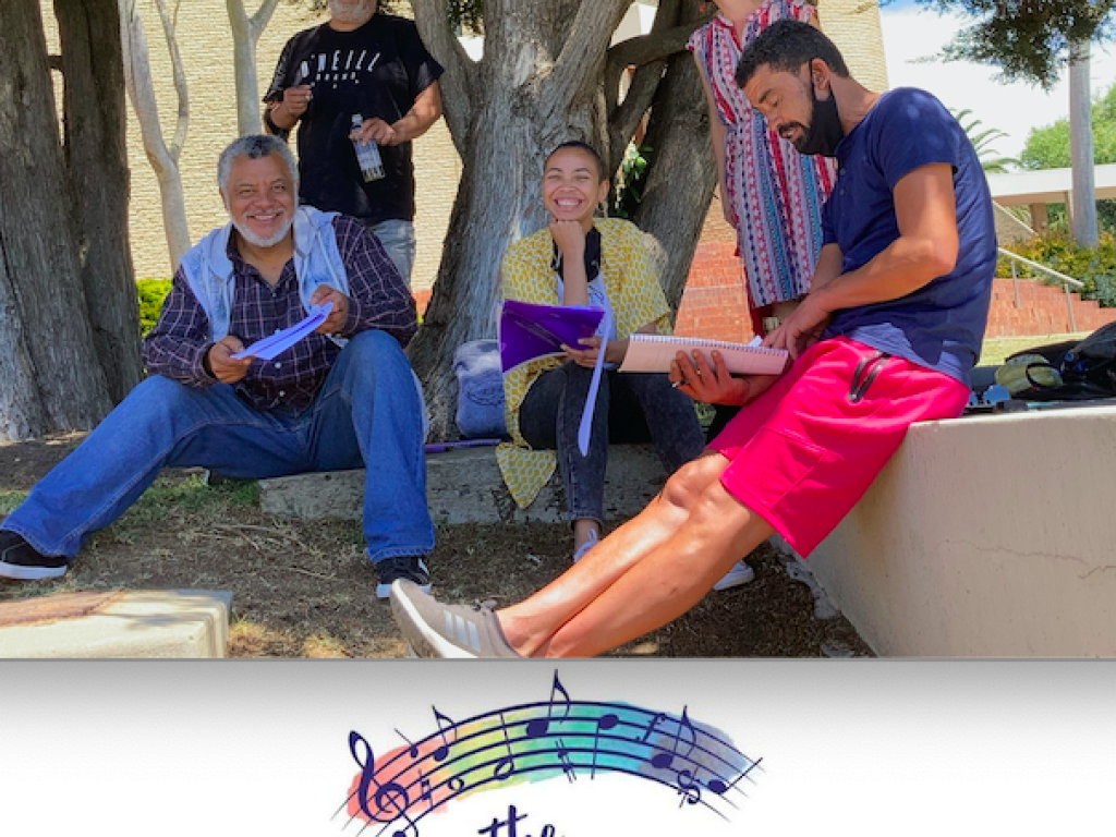 "As die see byt" Producer Liesl Stoltz, Director Peter-John "PJ" Davids, and cast Lynelle Kenned, Bredon Daniels and Abduragman Adams in a break from rehearsals.